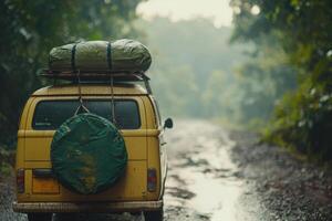 A yellow vintage van parked on a muddy road in a lush forest during a rainy day, ready for an adventure in nature photo