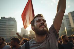 Man raises a flag in support during a protest in an urban setting against social issues, reflecting collective activism and solidarity photo