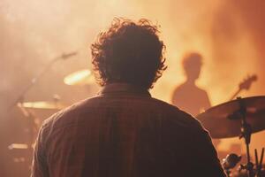 Musician performing on stage with warm lighting and drummer in background during a live concert at night photo