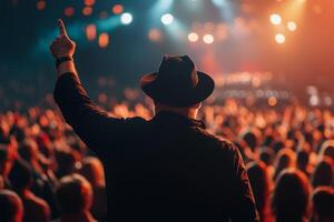 A concertgoer raises a hand with enthusiasm during a live music performance at a vibrant venue filled with cheering fans photo