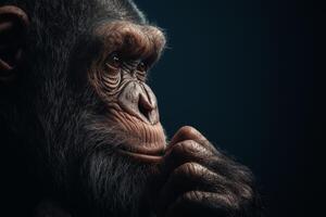 A thoughtful chimpanzee in a dark setting reflecting on its surroundings in a moment of contemplation photo