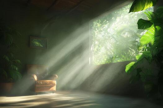 A sunlit room with a cozy chair surrounded by lush greenery and soft light filtering through the window photo