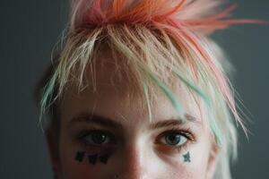 A close-up of a young person with vibrant hair and expressive tattoos showcasing individuality and creativity photo
