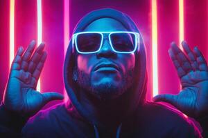 A performer in neon sunglasses strikes a pose under colorful lights photo