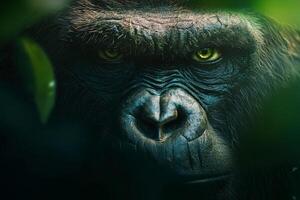 A close-up view of a gorilla peering through foliage in a lush jungle photo