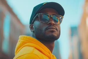 Young man in yellow hoodie and sunglasses poses confidently in urban setting during sunny afternoon photo