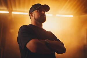 Silhouette of a man with a beard and cap standing confidently against an illuminated background during a dramatic lighting display photo
