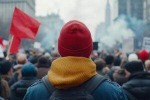 A person in a red beanie and yellow scarf stands amidst a crowd at a protest in a city with flags and smoke, capturing the spirit of activism photo