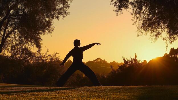 A silhouette of a person doing tai chi in a tranquil park at dawn photography photo