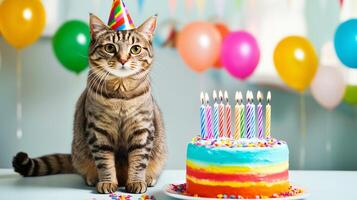 A cat wearing a party hat sits beside a colorful birthday cake photo