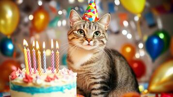 A cat wearing a party hat sits beside a colorful birthday cake with candles photography photo