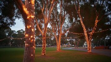 A scenic outdoor setting with fairy lights strung between trees horizontal photo