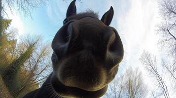 Close-up of a black horse looking directly closeup photo