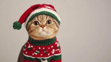 Scottish Fold cat in a red and green Christmas hat and sweater. photo