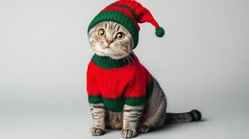 Scottish Fold cat in a red and green Christmas hat photo