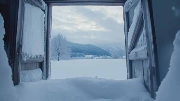 snow covered window, beautiful landscape horizontal photo