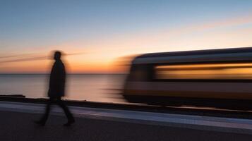 Blurred person walking past a moving train by the sea motion at sunset photo