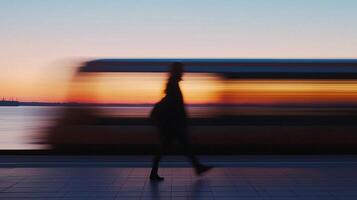Blurred person walking past a moving train by the sea sunset photo