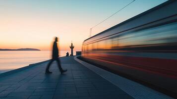 Blurred person walking past a moving train photo