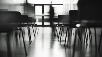 blurred view of an empty school classroom studying photo
