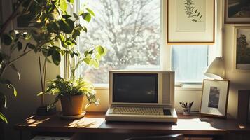 Vintage computer sits on a desk in a sunlit room photo