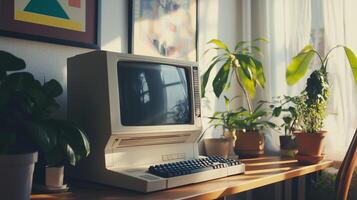 A vintage computer sits on a desk photo