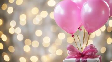 Pink Balloons Tied to a Gift Box photo