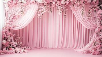 Pink floral backdrop with pink curtains photo