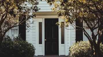 A black front door of a white house photo