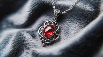Beauty Elegant Silver Pendant with Red Gemstone on Velvet photo
