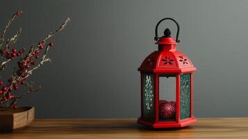 Christmas lantern with decorations on a table photo