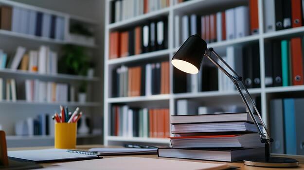 Bright Desk Lamp Illuminating Stacked Documents photo