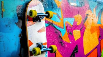 Colorful skateboard leaning against vibrant graffiti photo