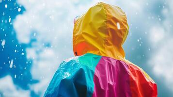 Colorful Rain Jacket Under Rain and Bright Blue Sky photo