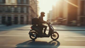 Delivery man on a scooter speeding photo