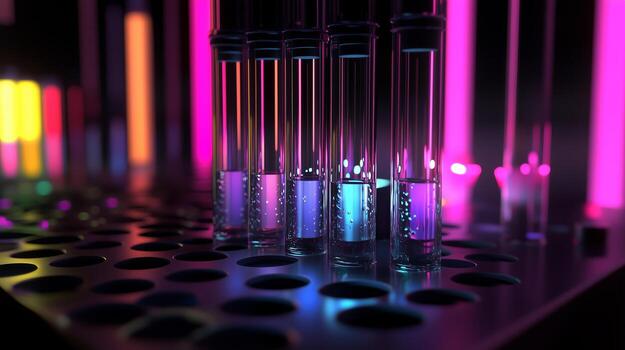 Test tubes filled with vibrant liquids glowing laboratory photo