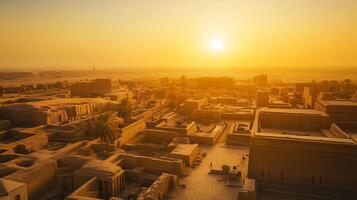 ancient mesopotamian cityscape at sunset. stunning golden hour photo