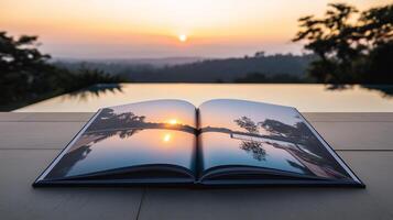 A softcover photo book concepts open to reveal a captivating sunset over still waters