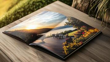 A softcover photo book open