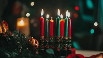 A traditional Kwanzaa kinara with seven lit candles photo