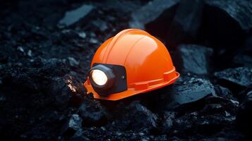 A bright orange hard hat with a light sits photo