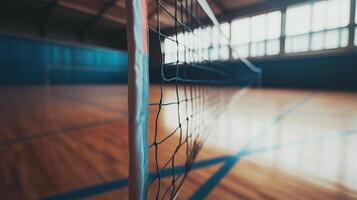 Indoor Volleyball Court with Wooden Floor and Net in Sports Hall photo