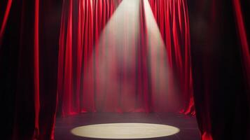 Magic theater stage with red curtains and spotlight. photo