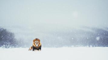 a lion, captured in a snow landscape photo