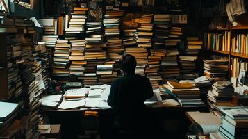 Person surrounded by towering stacks of books photo