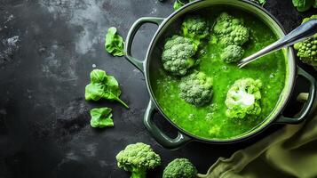 Boiling pot of green romanesco and soup and ladle of broccoli photo