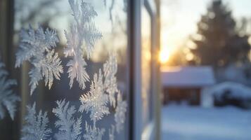 Close-Up of Winter Frost Patterns and Ice Crystals on Glass photo