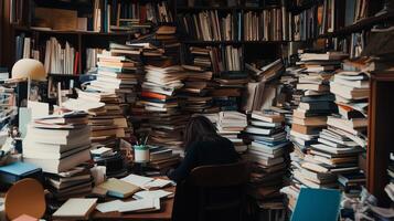 Photo of a person surrounded by towering stacks of books