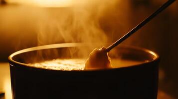 Delicious cheese pull from a fondue pot, captured in a warmly lit setting photo