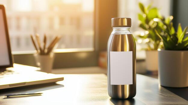 Plain water bottle with blank label on office desk blank photo